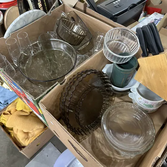 Two boxes glassware, arcopal dishes, knife block etc.