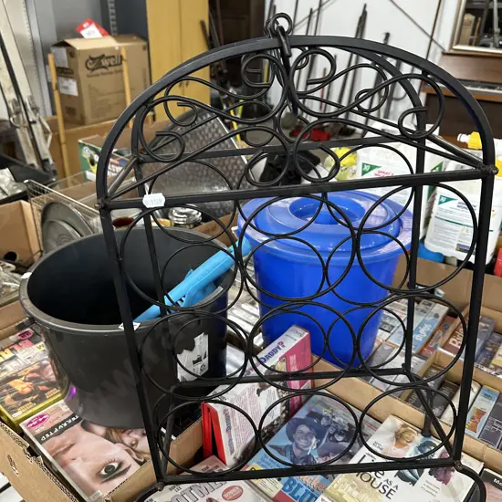 bucket, bin, brush/shovel, wine rack