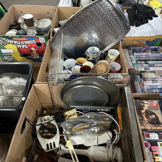 Two boxes large metal server, electric knife, cutlery etc.