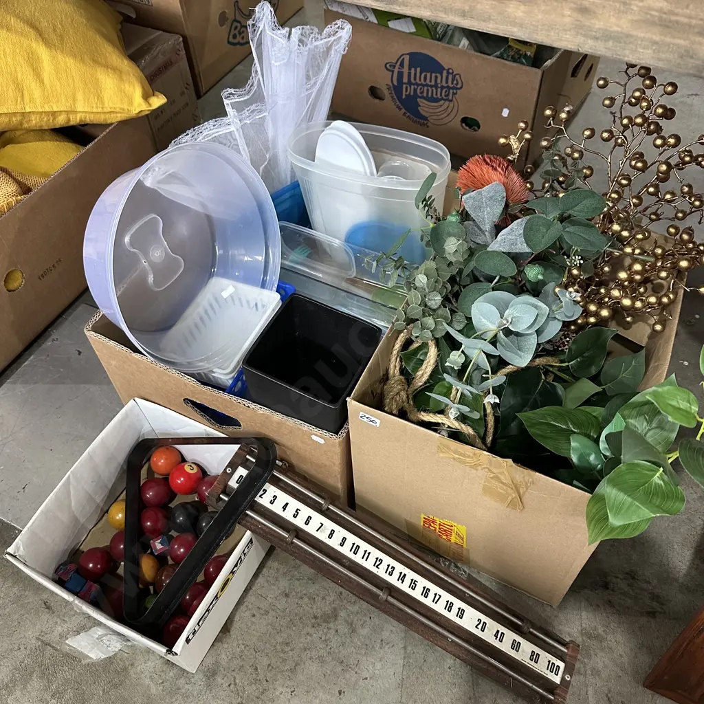 Two boxes pool balls, fake plants etc. Image 1++