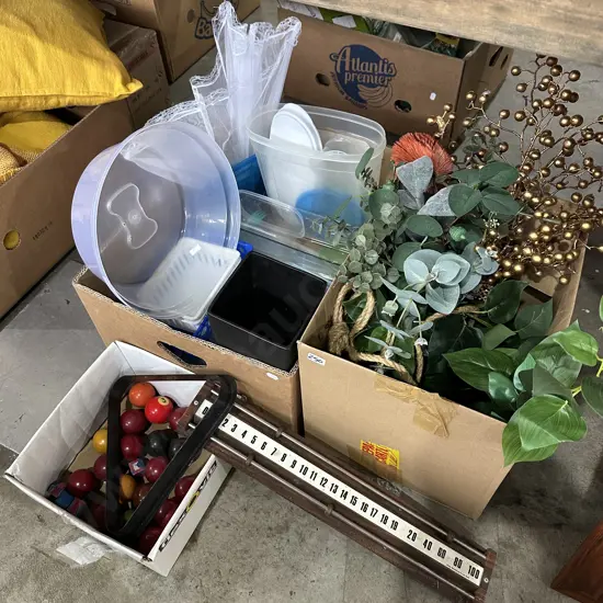 Two boxes pool balls, fake plants etc.