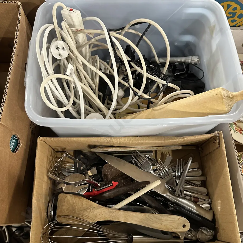 Lidded bin, extension cords, cutlery and utensils etc. Image 1++