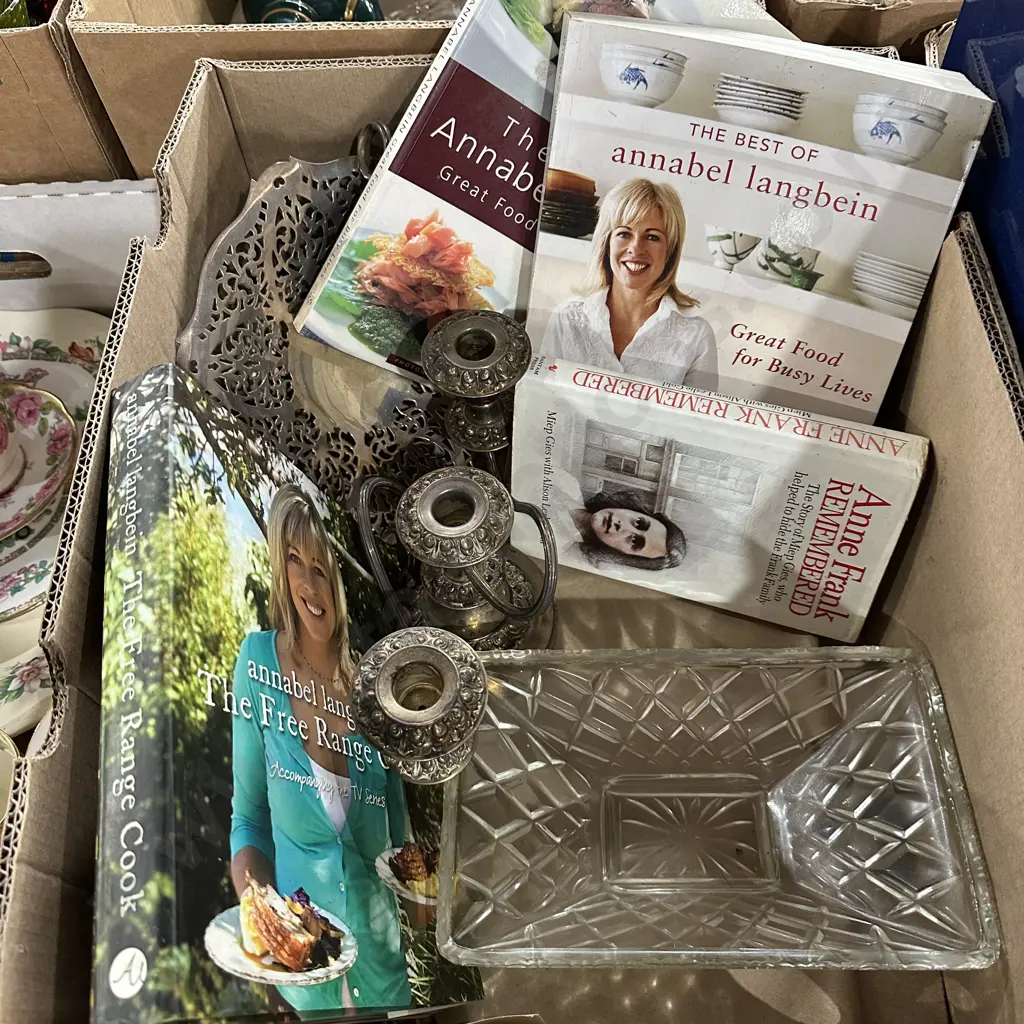 Box lot silverware candelabra plus Annabel Langbein cooking books etc. Image 1++