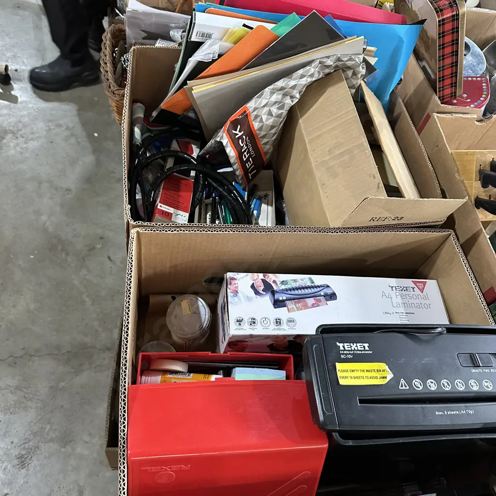 Two boxes of stationary items including paper shredder laminator etc., Image 1++