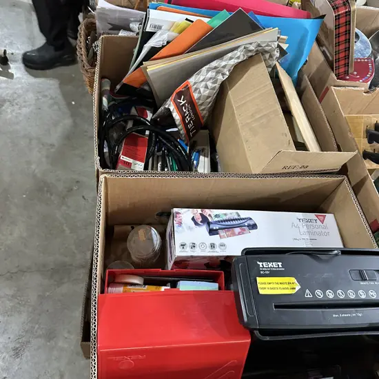 Two boxes of stationary items including paper shredder laminator etc.,