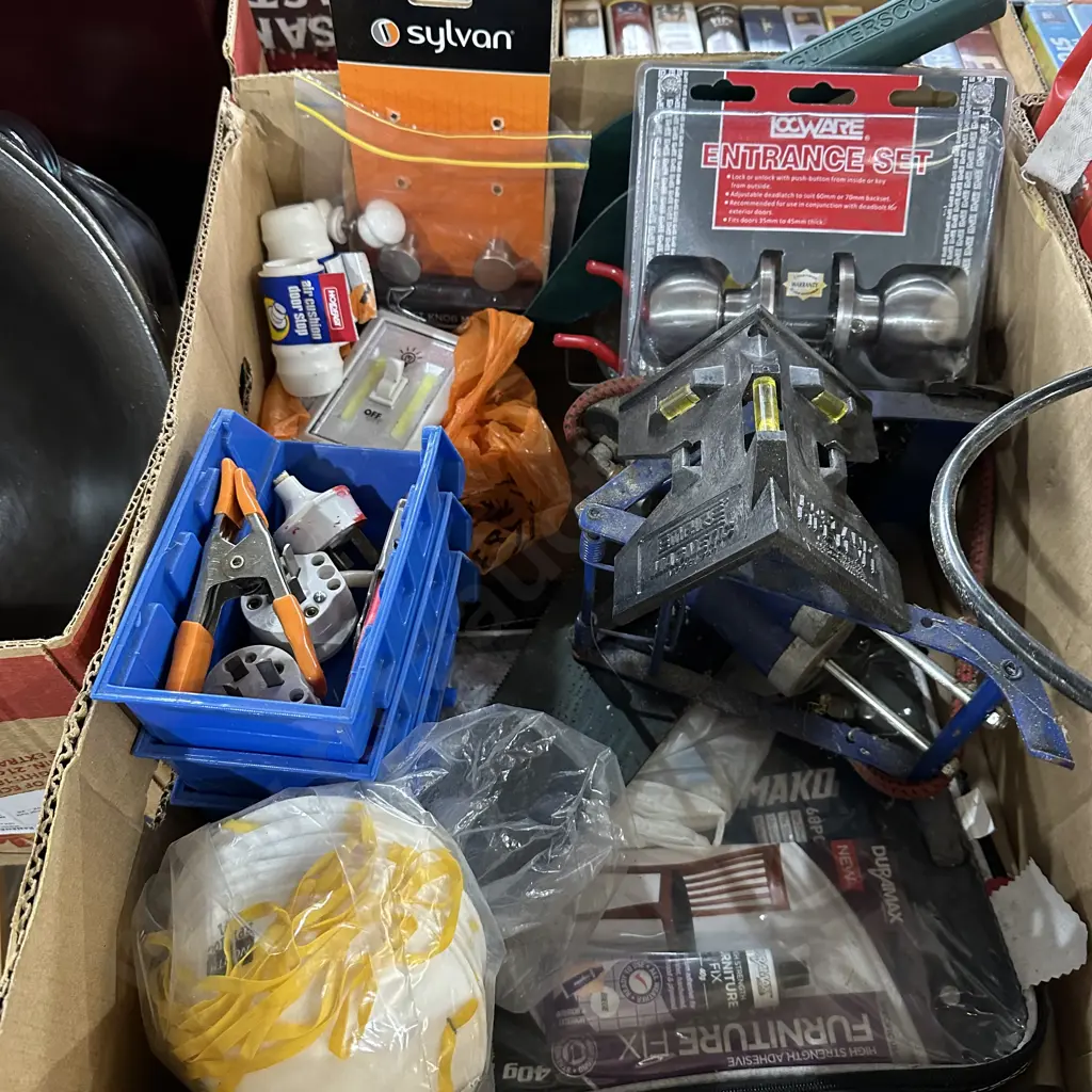 Box lot hardware including entrance set, new door stops and masks etc. Image 1++