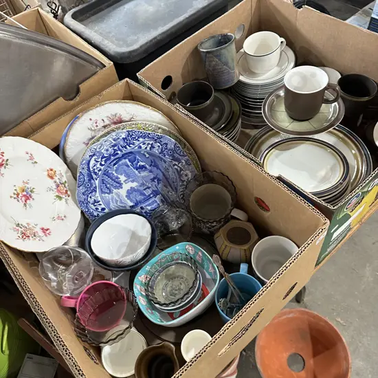 Two boxes dinnerware, Royal crown Derby plate, arcopal smoked glass mini flan dishes etc.
