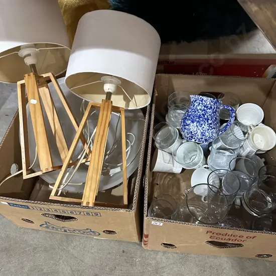 Two boxes pair modern lamps, glasses, cups, blue and white jug etc.