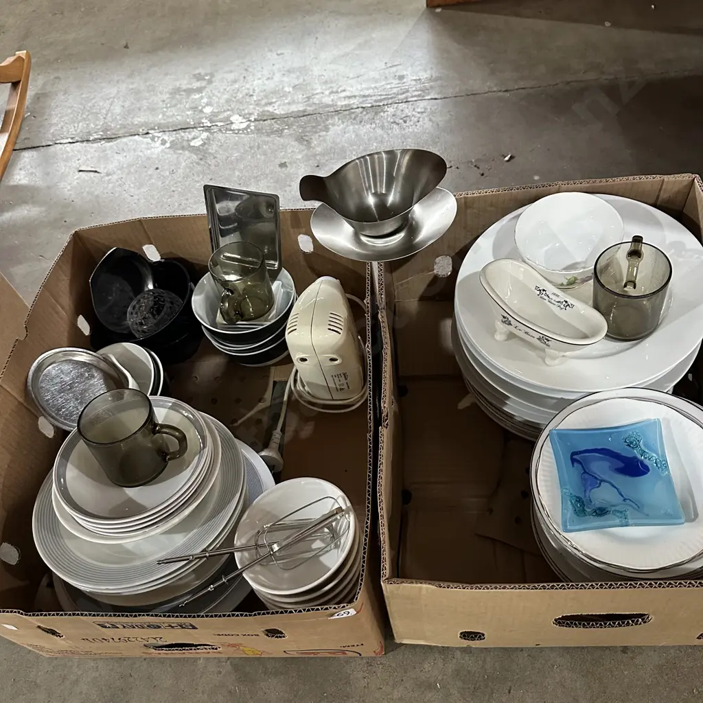 Two boxes dinnerware plates, hand held beater etc. Image 1++