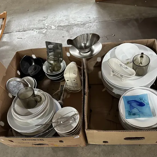 Two boxes dinnerware plates, hand held beater etc.
