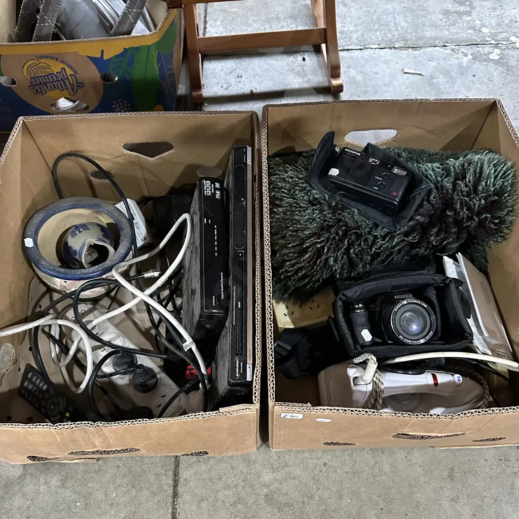Two boxes DVD player, Olympus and FujiFilm cameras, iron, planter etc. Image 1++