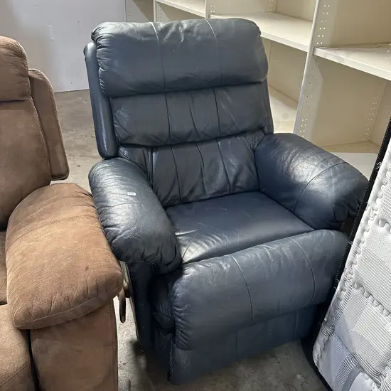 Blue leather L-Z-Boy chair (cat scratched)