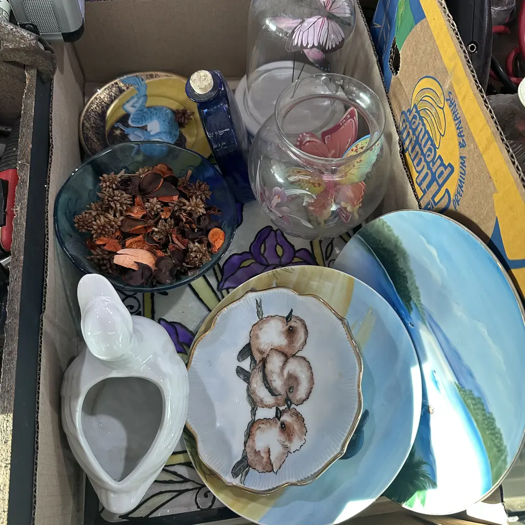 Two boxes collectable wall plates, ornaments including vintage porcelain basket of flowers etc. Image 1++