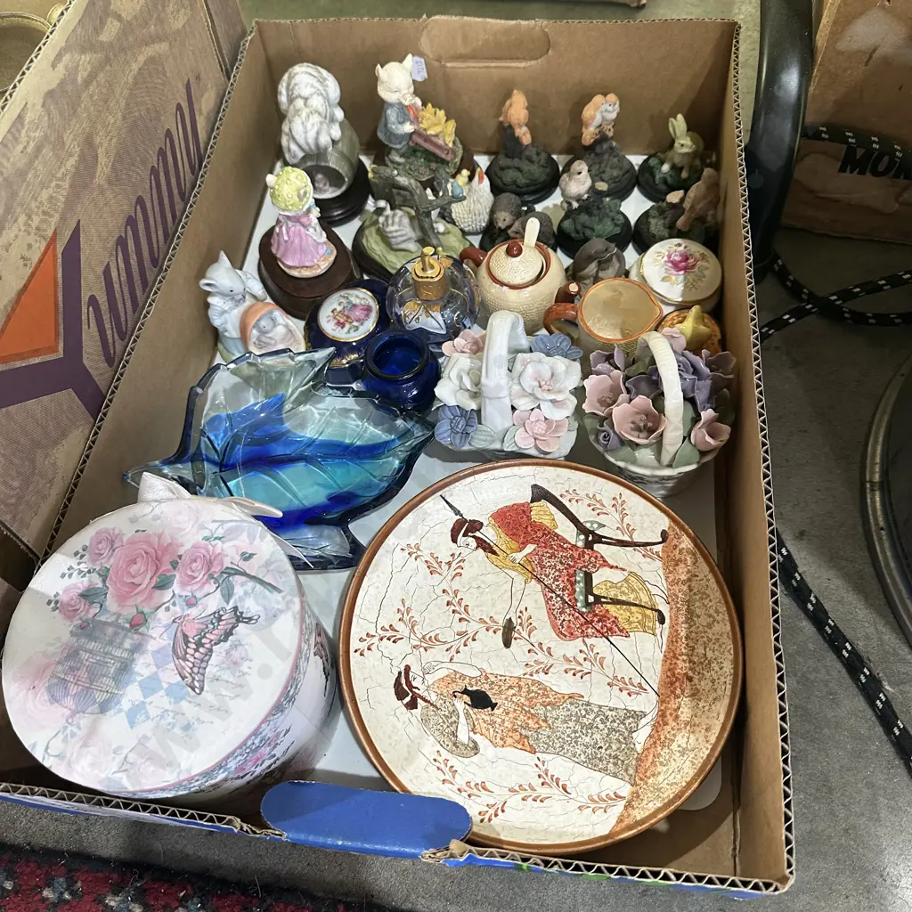 Two boxes collectable wall plates, ornaments including vintage porcelain basket of flowers etc. Image 1++