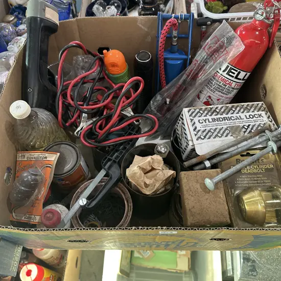 Box lot dry chemical fire extinguisher, jumper leads, hardware including window stays etc.