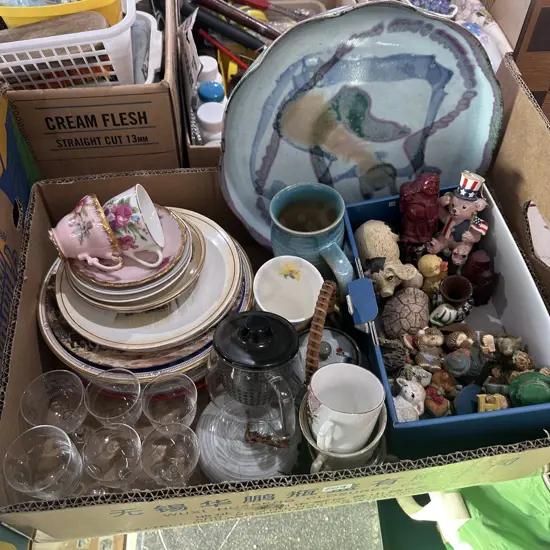 Box lot china plates, Seaward pottery, ornaments etc.