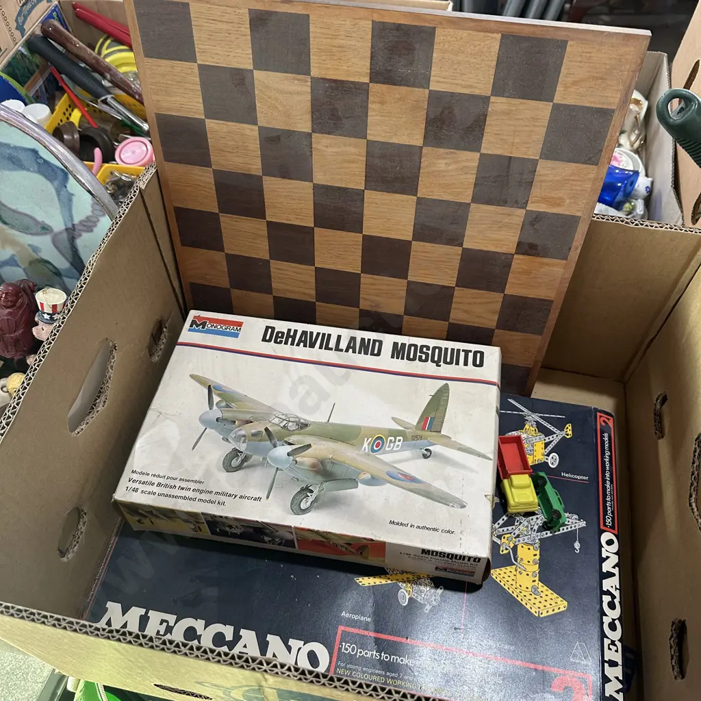 Box lot of Meccano, Chequerboard plus boxed model plane etc. Image 1++