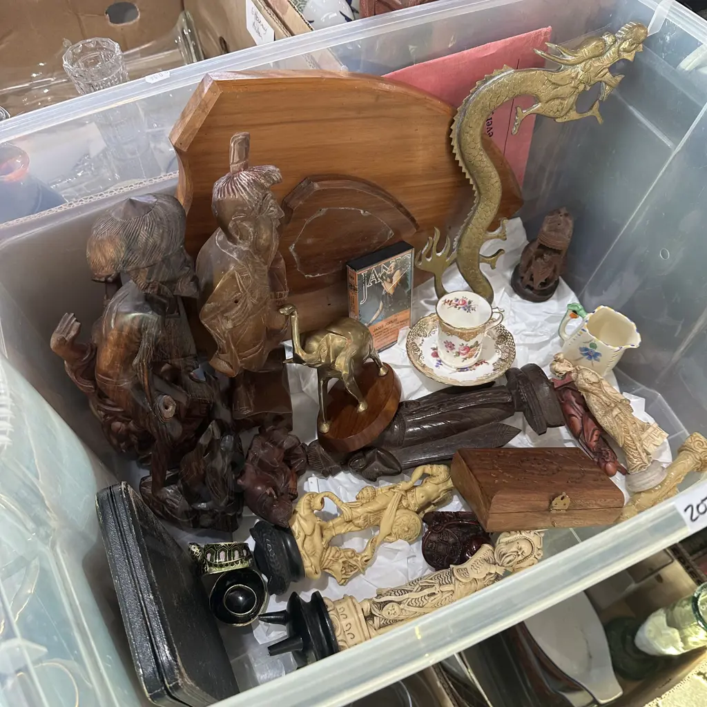 Bin of collectables including solid brass vintage Chinese dragon and elephant figurine etc. Image 1++