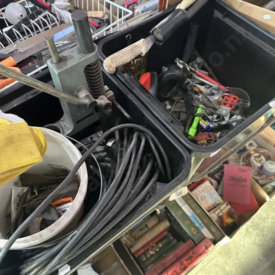 Two bin extension lead, drill press (no drill) fish knives, mower blades, galvanised bolts etc.