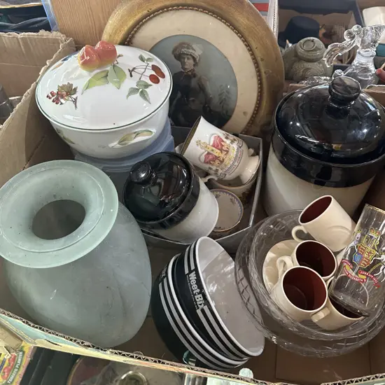 Box lot picture, vase, casserole dish, stoneware canisters, Royal cups and glass etc.