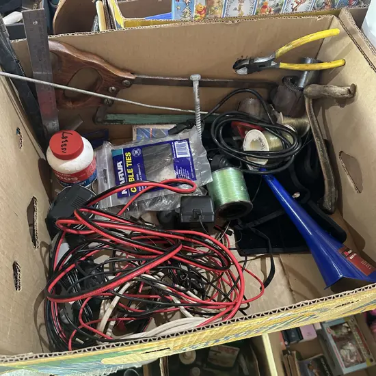 Box lot tools and fishing line, cable ties, hole saws etc.