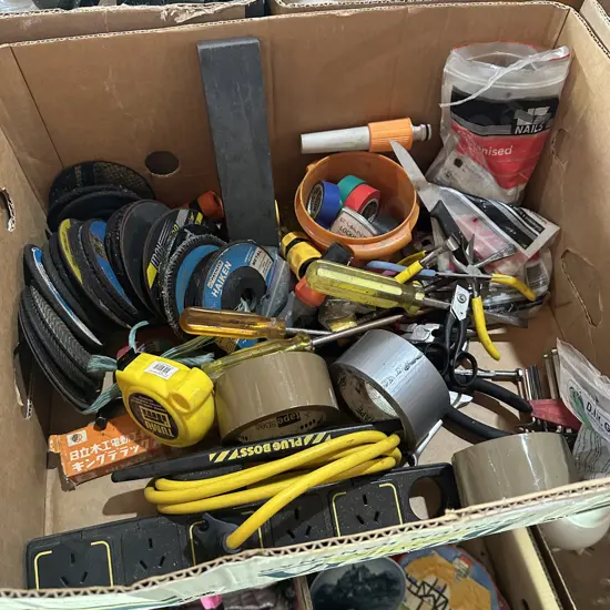Box lot of tools, galvanised nails, cellotapes, grinding disks, sharpening stone etc.