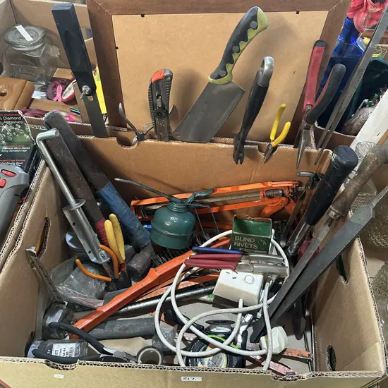 Box lot of tools, oiler, long tweezers, hardware, rivets etc.