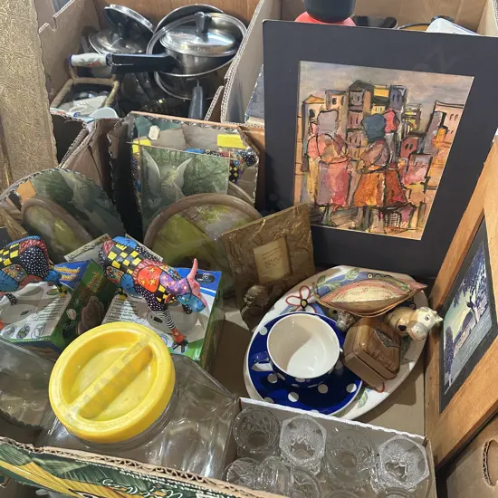 Box lot vintage mirrors, crystal vases, hand painted cow, jewellery cleaner etc.