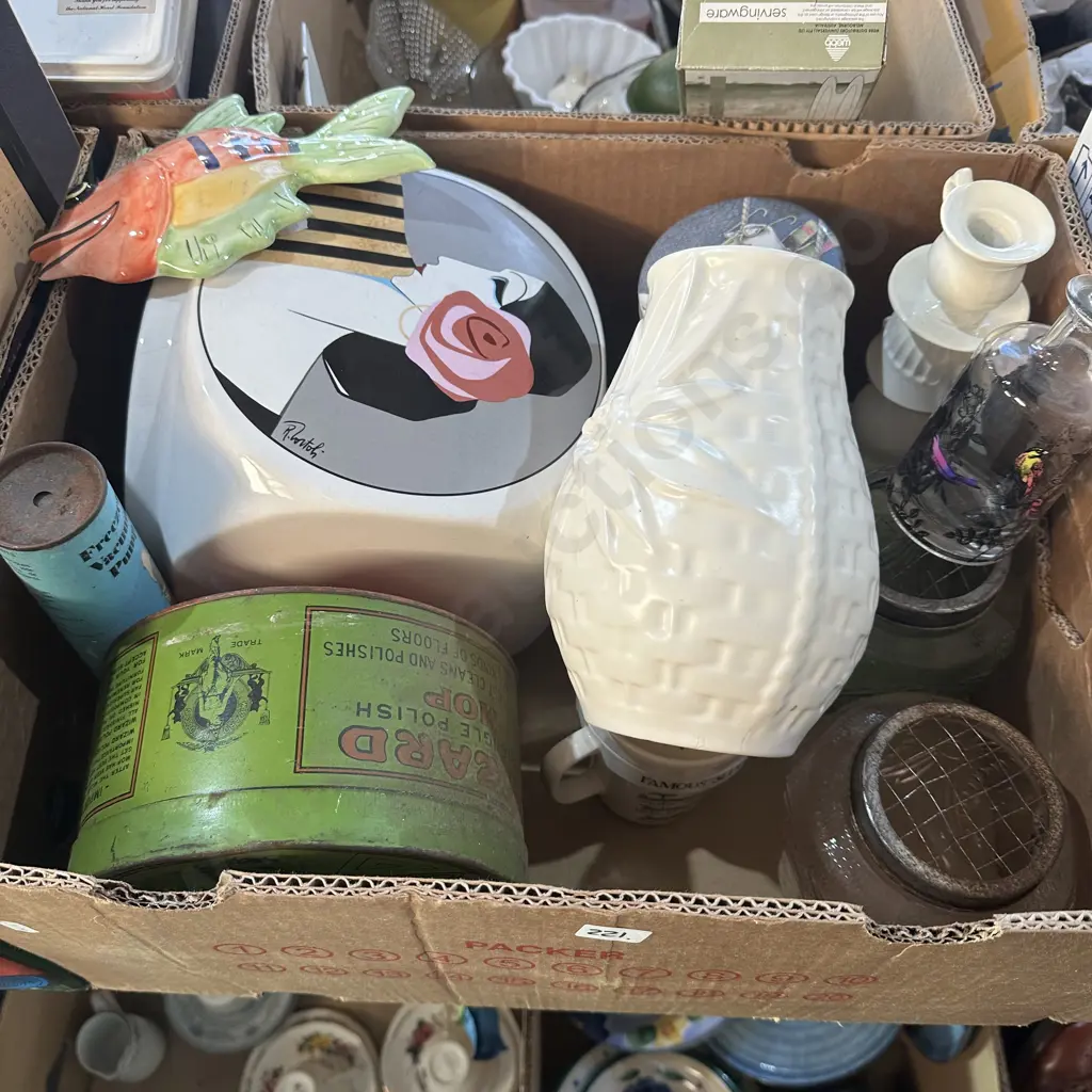 Box lot ceramic fish, vintage vases and tins etc. Image 1++