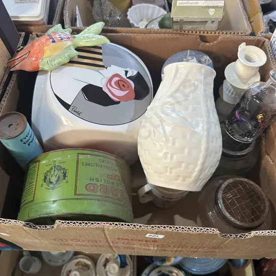 Box lot ceramic fish, vintage vases and tins etc.