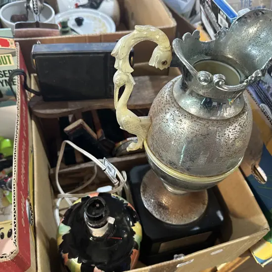 Box lot shoe polish kit, ceramic lamp and trophy plus vintage radio.