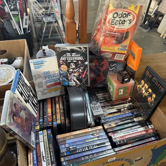 Box lot Good DVDs Star Trek, The Police, The Corrs, Odor-Eaters, new saw, chess set etc.