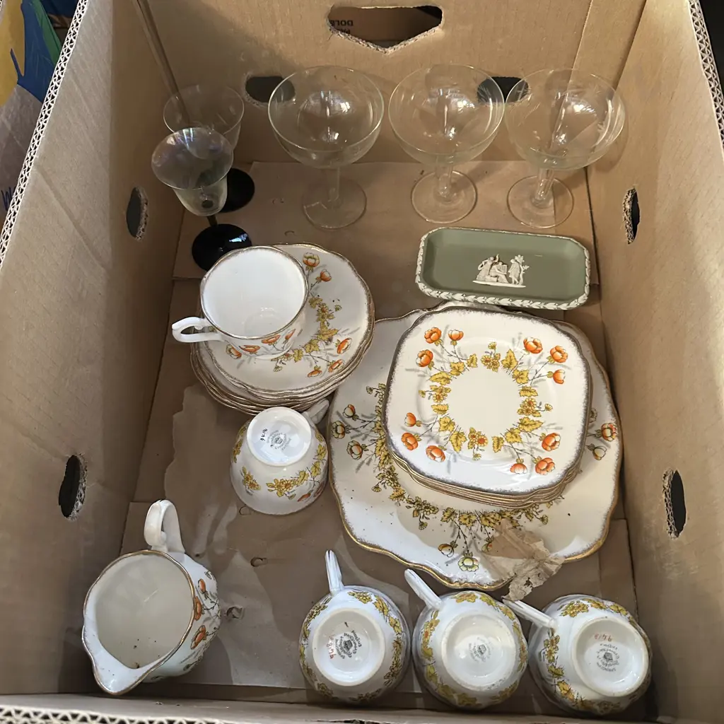 Box lot Royal Albert china, wedgewood plus vintage hollow stem champagne saucers. Image 1++