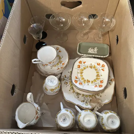 Box lot Royal Albert china, wedgewood plus vintage hollow stem champagne saucers.