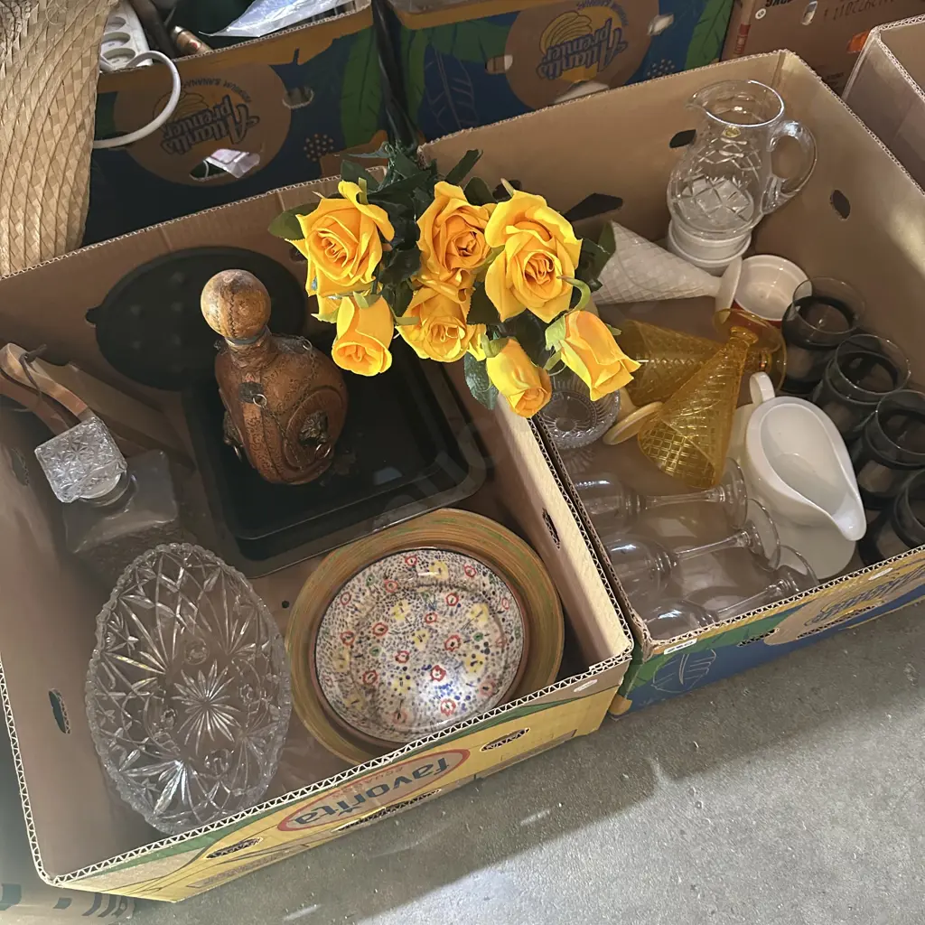 Two boxes vintage decanter, vases, ramakins plus artificial yellow roses etc. Image 1++