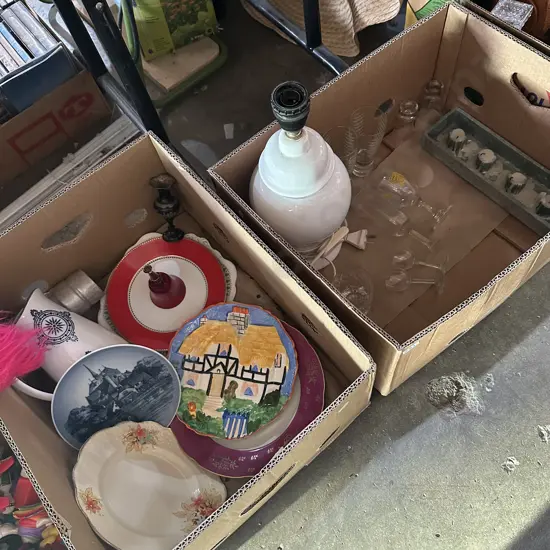 Two boxes lamp, collectable plates, jug and glassware etc.