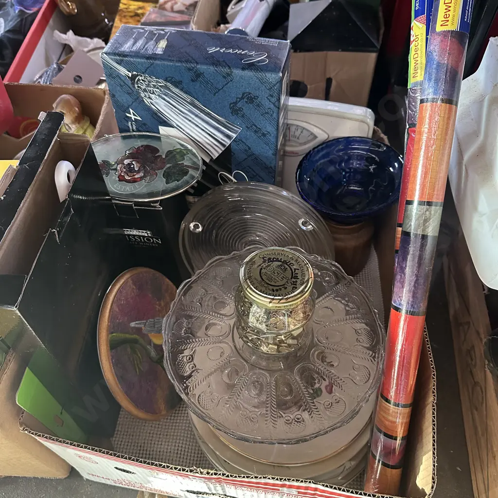 Box lot plates, boxed glasses, cake stand, picture hooks, scales, new self adhesive foil etc. Image 1++