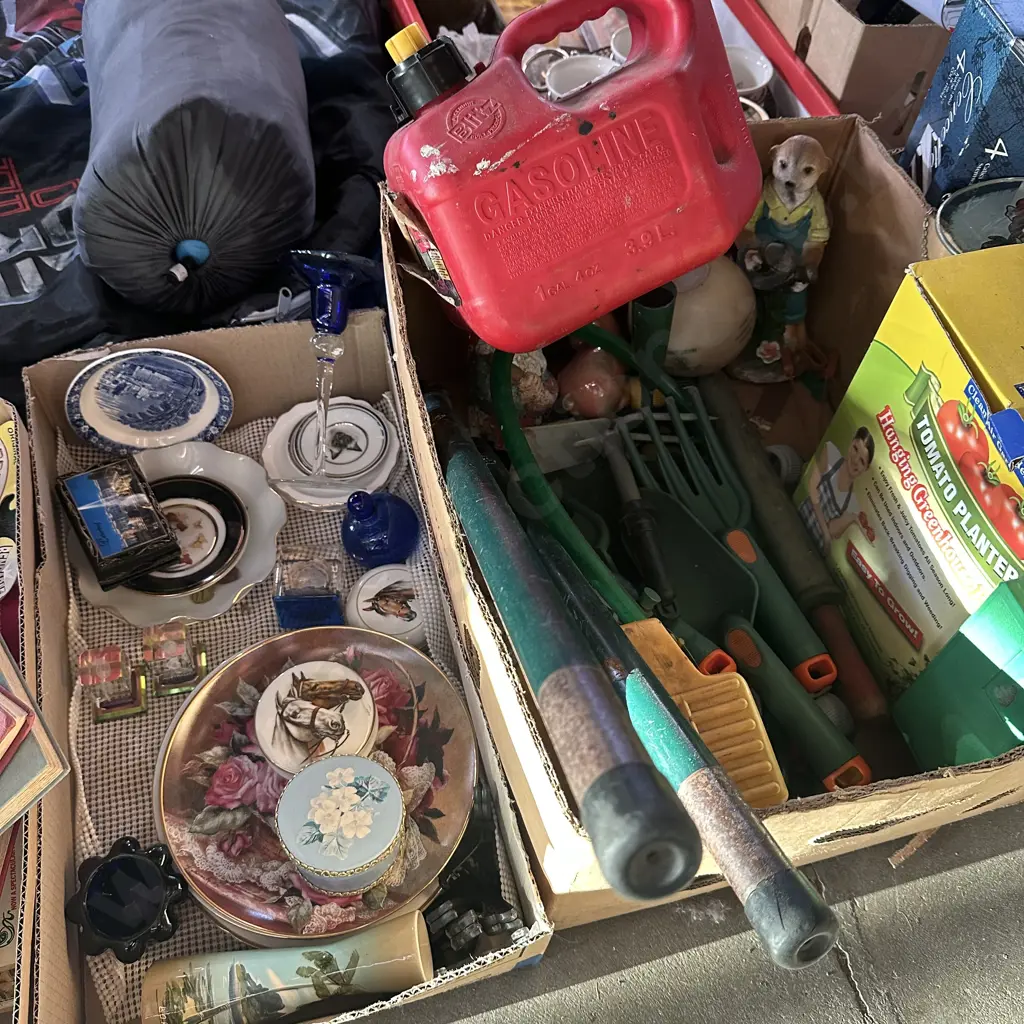 Two boxes gardening tools, ornaments, gas can plus collectable plates etc. Image 1++