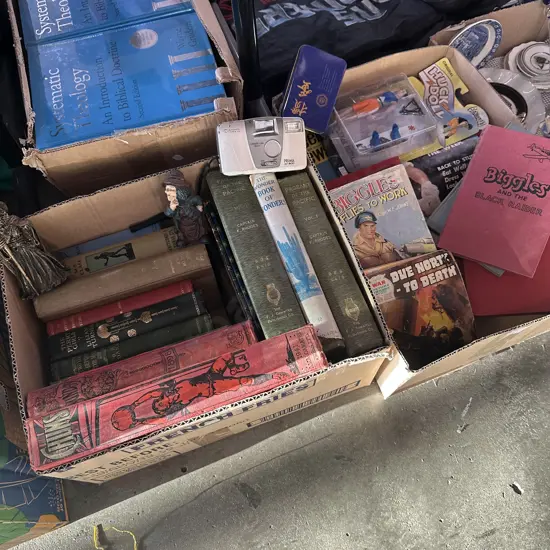 Two boxes old books, camera, toy and figures etc.