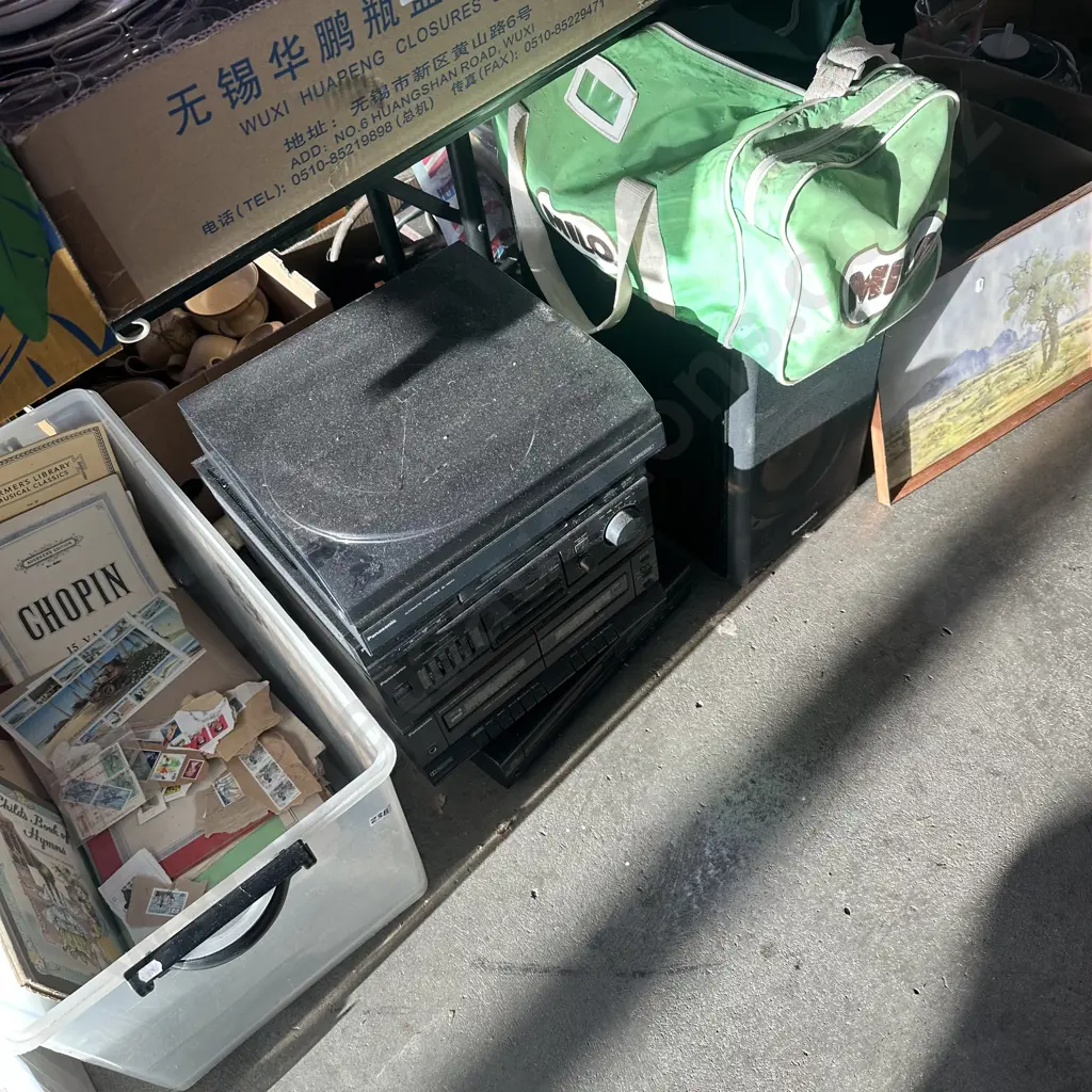 Bay lot water colour, milo bag and contents, stereo not working, bin of music and stamps etc. Image 1++
