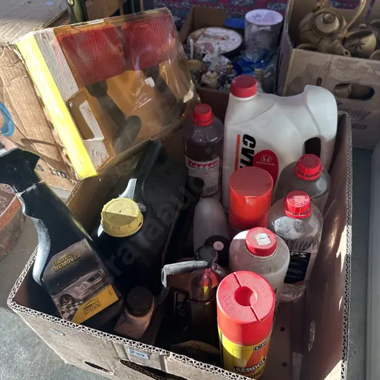 Box lot car care and oils, turps, meths, antifreeze etc.