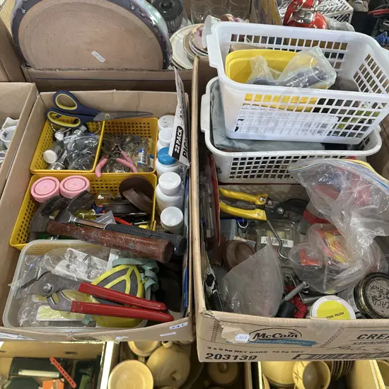 Two boxes tools, galvanised nails, shoe polish, hardware, bits and pieces.