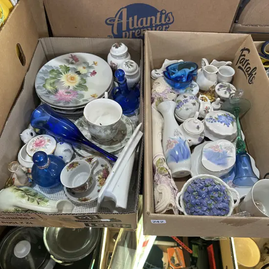 Two boxes chinaware and vases etc.
