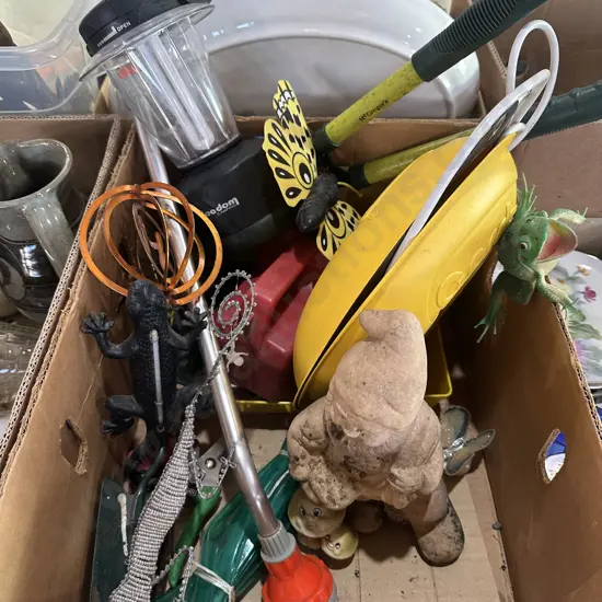 Box lot gardening tools and ornaments, gnome, camping light and extension lead etc.