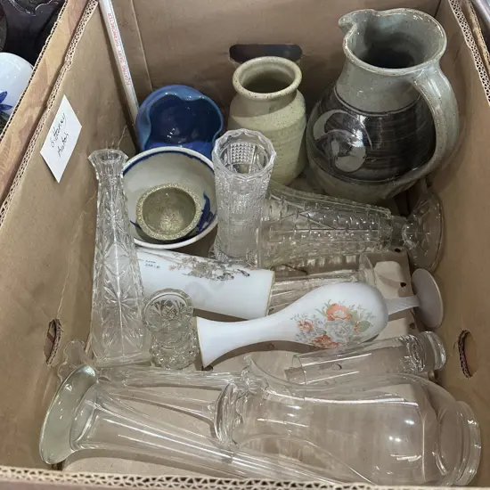 Box lot pottery jug vase bowl, assortment of glass vases plus floating dairy thermometer etc.