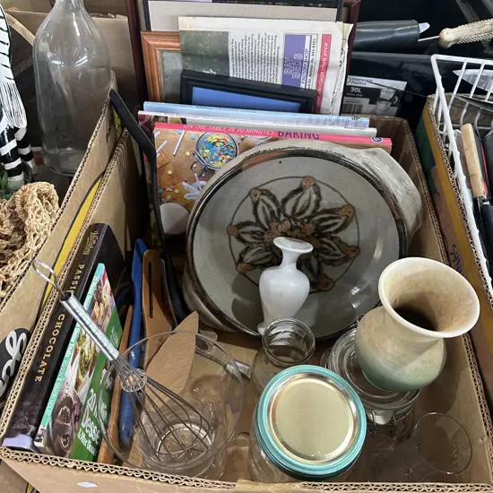 Box lot books, picture frames, pottery, vases, canisters and utensils etc.