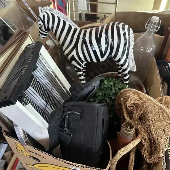 Box lot lamp, pictures, fake plant, s/s tray plus Zebra sculpture etc.