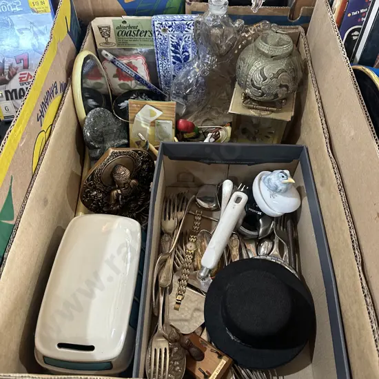 Box lot money box, buddha, clock, cutlery, watch, decanter etc.