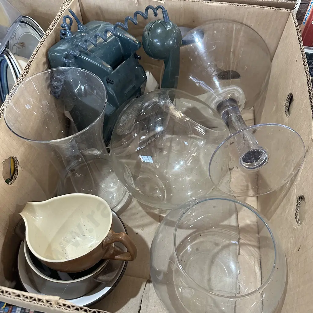 Box lot Temuka, vintage phone, glassware etc. Image 1++