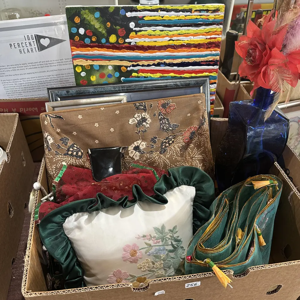 Box lot art, blue vase, cushion and picture frames etc. Image 1++
